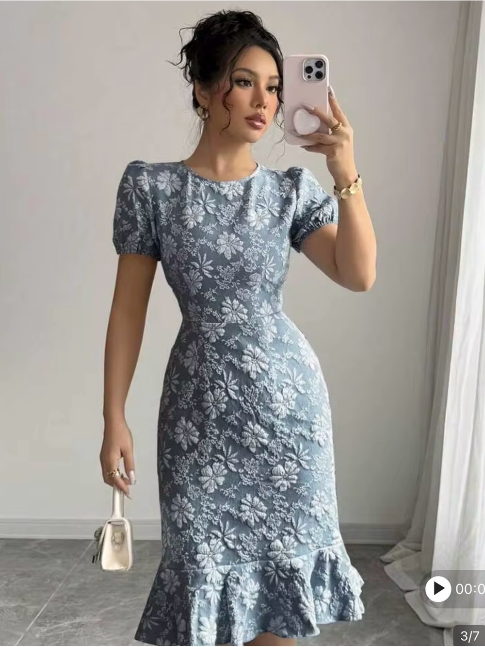 Fitted Dusty Blue Floral Lace Midi Dress with Puff Sleeves
